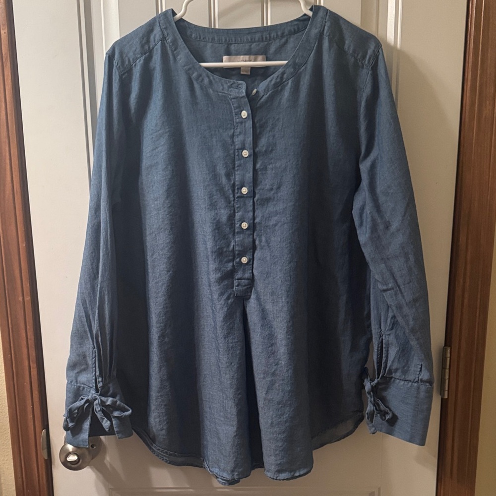 LOFT Chambray Blue Blouse with Tie Sleeves